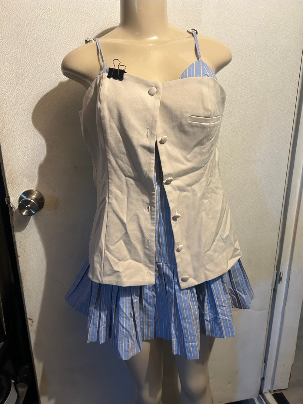 Cream Button-Front Sleeveless Vest with Blue Stripe Dress